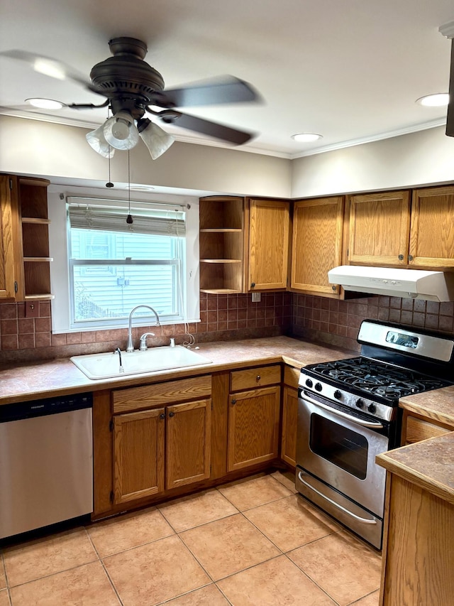 213 W Elm St, Nicholasville, KY 40356 - kitchen with appliances with stainless steel finishes, open shelves, under cabinet range hood, a sink, and brown cabinetry