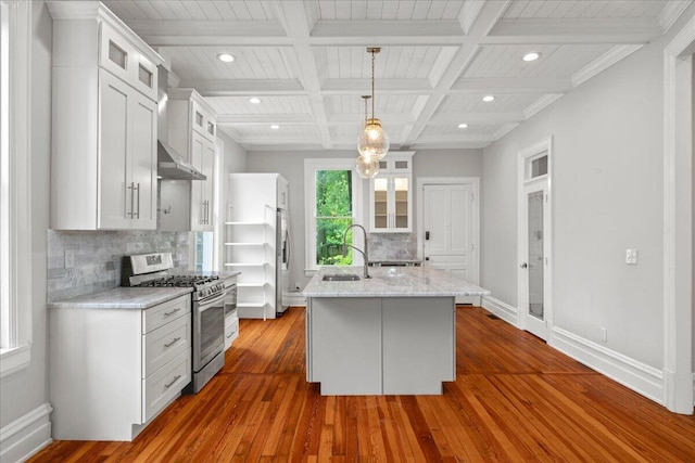 618 N Broadway, Lexington, KY 40508 - kitchen with stainless steel gas range, a sink, tasteful backsplash, coffered ceiling, and baseboards