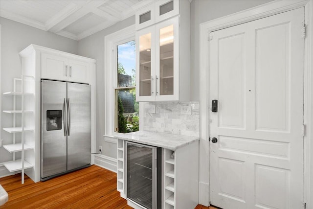 618 N Broadway, Lexington, KY 40508 - kitchen featuring stainless steel fridge, wine cooler, open shelves, white cabinets, and wood finished floors