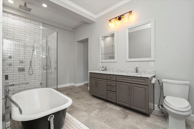 618 N Broadway, Lexington, KY 40508 - bathroom featuring a freestanding bath, double vanity, a stall shower, crown molding, and toilet