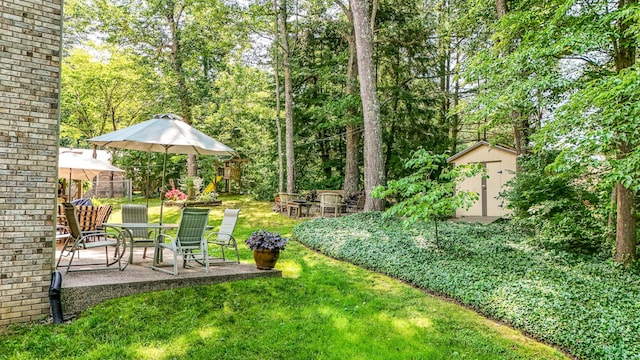 153 Pine Trail Rd, London, KY 40744 - view of green lawn featuring a shed and a patio