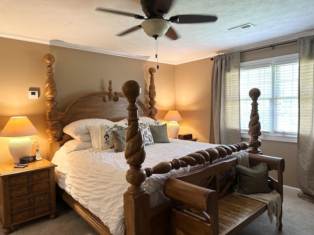153 Pine Trail Rd, London, KY 40744 - carpeted bedroom with crown molding, a textured ceiling, and ceiling fan