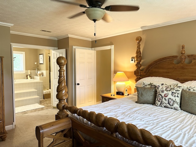 153 Pine Trail Rd, London, KY 40744 - bedroom with carpet, ensuite bathroom, a textured ceiling, a ceiling fan, and crown molding