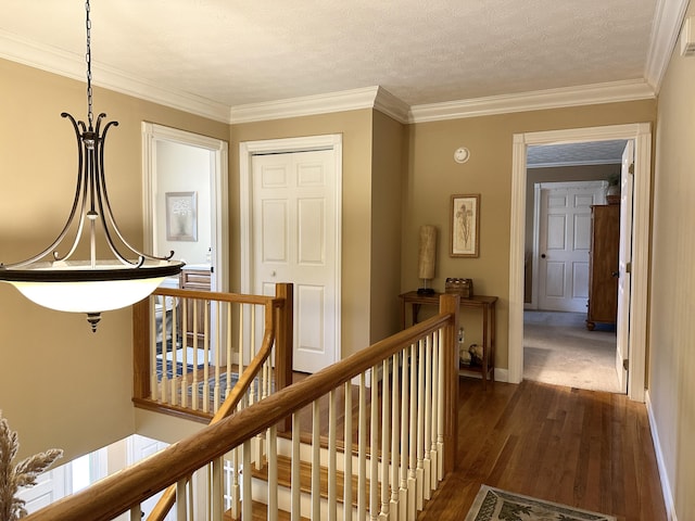 153 Pine Trail Rd, London, KY 40744 - hallway featuring an upstairs landing, dark wood finished floors, ornamental molding, and a textured ceiling