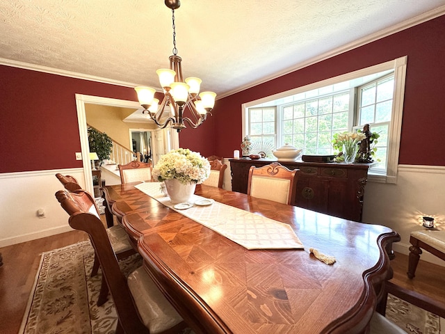 153 Pine Trail Rd, London, KY 40744 - dining area with a chandelier, ornamental molding, wood finished floors, a textured ceiling, and wainscoting