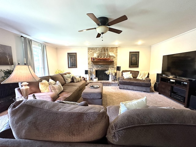 153 Pine Trail Rd, London, KY 40744 - living area featuring crown molding, ceiling fan, and a large fireplace