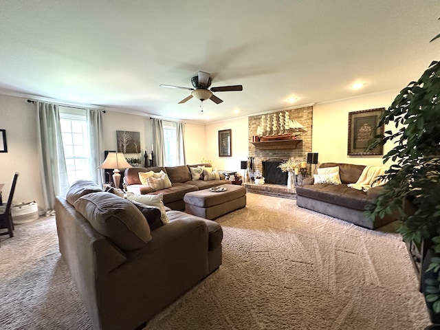 153 Pine Trail Rd, London, KY 40744 - living room with carpet floors, crown molding, a fireplace, and a ceiling fan