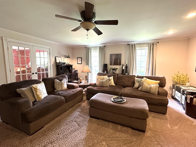 153 Pine Trail Rd, London, KY 40744 - living area featuring french doors, ceiling fan, carpet flooring, and crown molding