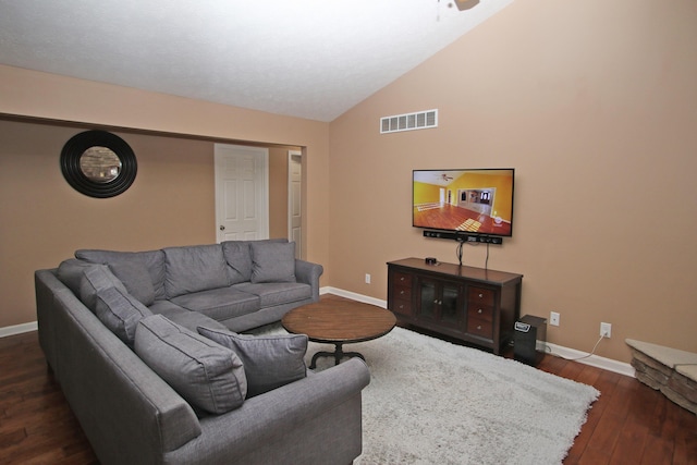 5420 Kiddville Ln, Lexington, KY 40515 - living room featuring baseboards, dark wood-style floors, lofted ceiling, and a ceiling fan