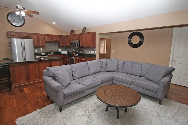5420 Kiddville Ln, Lexington, KY 40515 - living room featuring dark wood-type flooring, lofted ceiling, and ceiling fan