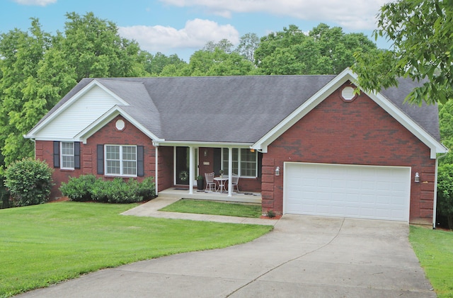 5420 Kiddville Ln, Lexington, KY 40515 - ranch-style house with brick siding, a porch, concrete driveway, a front yard, and an attached garage