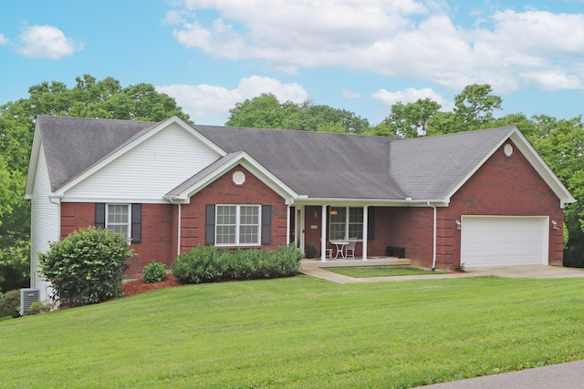 5420 Kiddville Ln, Lexington, KY 40515 - ranch-style house featuring covered porch, brick siding, an attached garage, and a front lawn