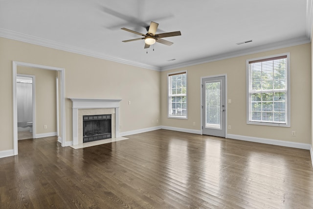 584 Southpoint Dr, Lexington, KY 40515 - unfurnished living room featuring ceiling fan, ornamental molding, a high end fireplace, and dark wood finished floors