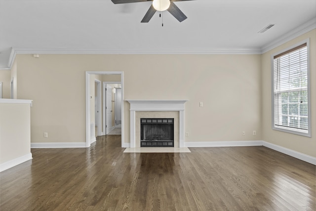 584 Southpoint Dr, Lexington, KY 40515 - unfurnished living room with ornamental molding, a ceiling fan, a fireplace with flush hearth, and dark wood-style flooring