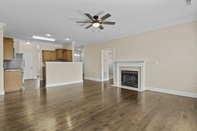 584 Southpoint Dr, Lexington, KY 40515 - unfurnished living room featuring ceiling fan, crown molding, a high end fireplace, dark wood finished floors, and recessed lighting
