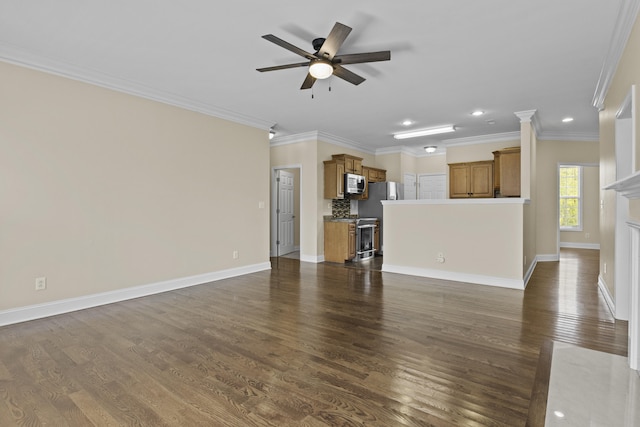 584 Southpoint Dr, Lexington, KY 40515 - unfurnished living room featuring a ceiling fan, crown molding, dark wood-type flooring, and recessed lighting