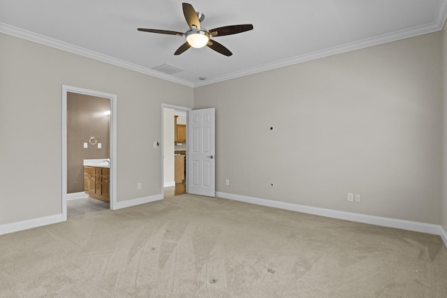 584 Southpoint Dr, Lexington, KY 40515 - unfurnished bedroom with ornamental molding, light carpet, ensuite bath, and ceiling fan