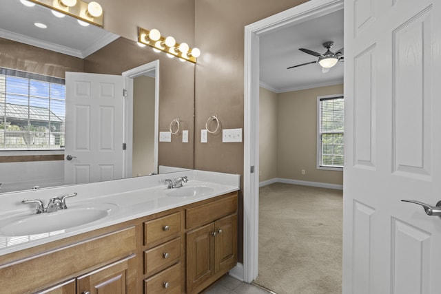 584 Southpoint Dr, Lexington, KY 40515 - bathroom featuring ornamental molding, double vanity, and a ceiling fan