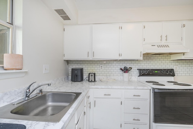 421 Redding Rd Unit 56, Lexington, KY 40517 - kitchen with white range with electric cooktop, premium range hood, a sink, decorative backsplash, and white cabinetry