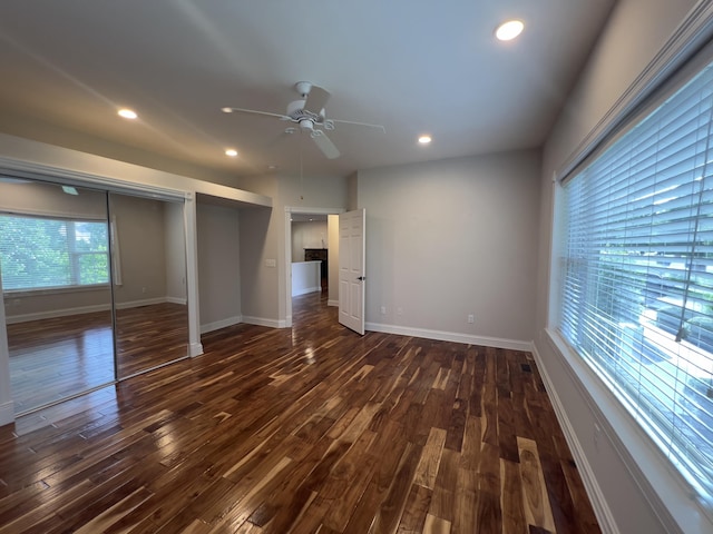 131 Betsy Ross Ln, Danville, KY 40422 - unfurnished bedroom featuring dark wood-style floors, recessed lighting, baseboards, a closet, and a ceiling fan
