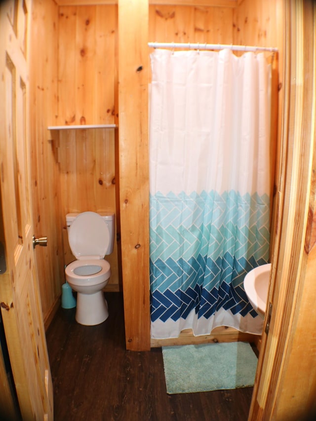 16 Hardwood Hl, Salt Lick, KY 40371 - bathroom with toilet, wood finished floors, curtained shower, and wood walls