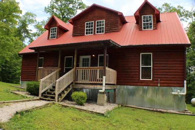 16 Hardwood Hl, Salt Lick, KY 40371 - chalet / cabin featuring a porch, log veneer siding, a front lawn, and metal roof