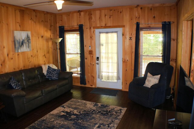 16 Hardwood Hl, Salt Lick, KY 40371 - living room featuring wooden walls, ceiling fan, and dark wood-type flooring