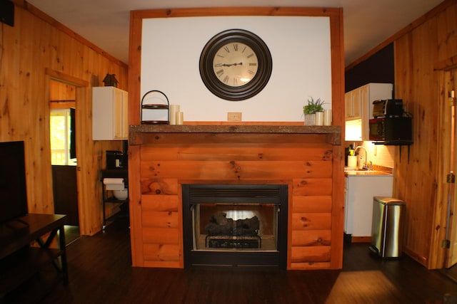 16 Hardwood Hl, Salt Lick, KY 40371 - detailed view of wood walls, a multi sided fireplace, wood finished floors, a sink, and crown molding