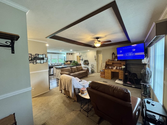 115 Wolf Creek Crossing Rd, Nancy, KY 42544 - carpeted living room featuring a textured ceiling, a ceiling fan, and crown molding