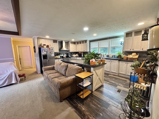 115 Wolf Creek Crossing Rd, Nancy, KY 42544 - living room with recessed lighting, a textured ceiling, dark wood finished floors, and ornamental molding