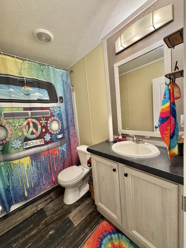 115 Wolf Creek Crossing Rd, Nancy, KY 42544 - bathroom featuring wood finished floors, vanity, a shower with shower curtain, and a textured ceiling