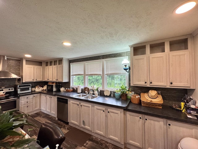 115 Wolf Creek Crossing Rd, Nancy, KY 42544 - kitchen featuring wall chimney exhaust hood, appliances with stainless steel finishes, dark countertops, tasteful backsplash, and a textured ceiling