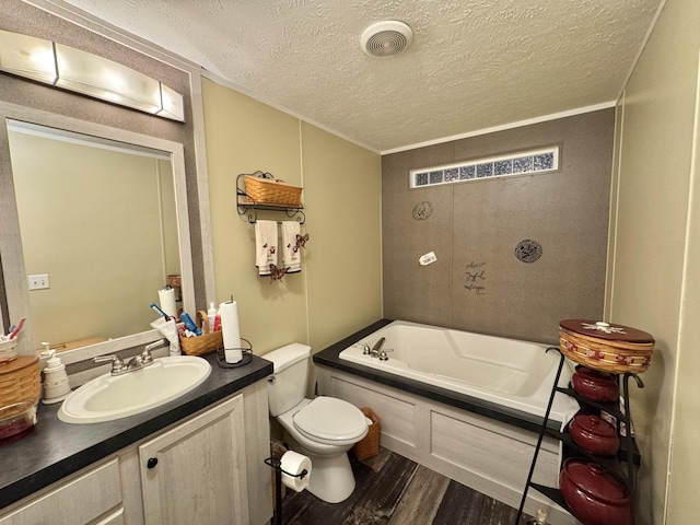 115 Wolf Creek Crossing Rd, Nancy, KY 42544 - full bath with a bath, wood finished floors, a textured ceiling, vanity, and crown molding