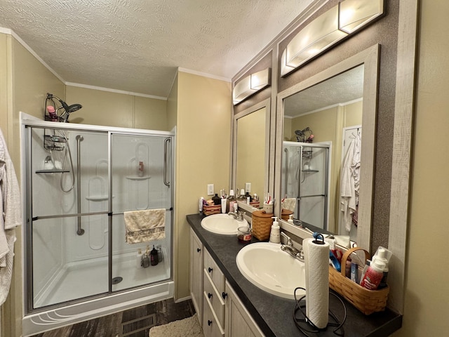 115 Wolf Creek Crossing Rd, Nancy, KY 42544 - bathroom with a shower stall, double vanity, ornamental molding, and a textured ceiling