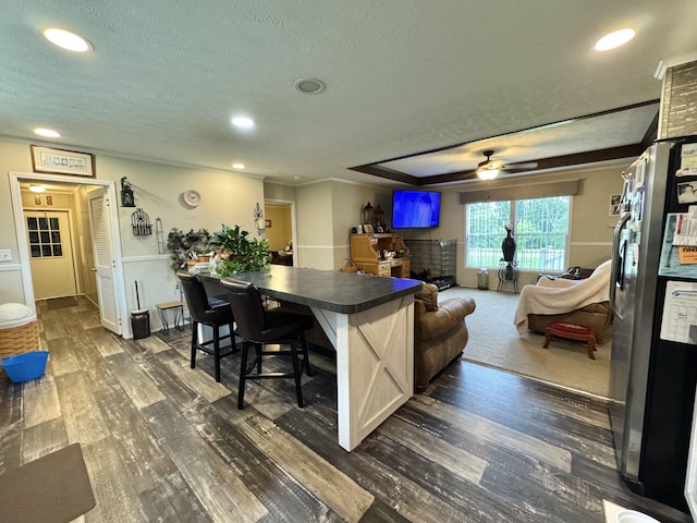 115 Wolf Creek Crossing Rd, Nancy, KY 42544 - kitchen with stainless steel fridge, dark wood-style floors, a textured ceiling, ceiling fan, and dark countertops