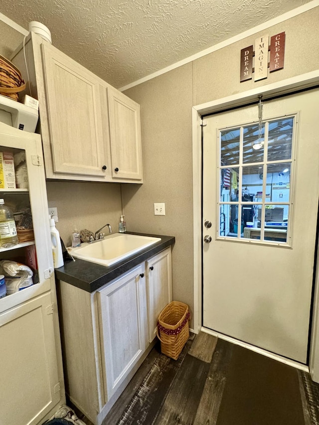 115 Wolf Creek Crossing Rd, Nancy, KY 42544 - laundry room featuring a textured ceiling, dark wood finished floors, and crown molding
