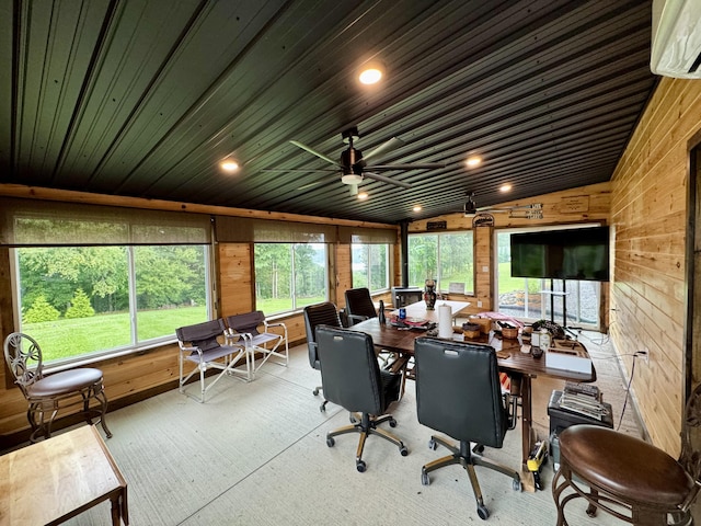 115 Wolf Creek Crossing Rd, Nancy, KY 42544 - office with wood walls, a wall unit AC, wood ceiling, and a ceiling fan