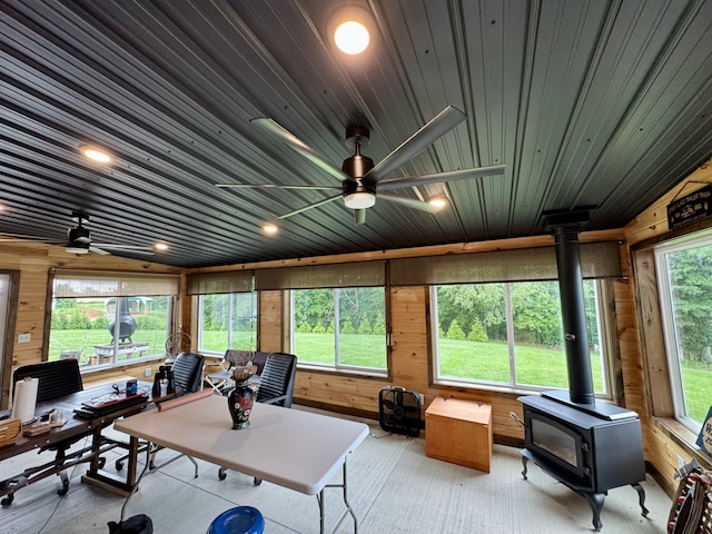 115 Wolf Creek Crossing Rd, Nancy, KY 42544 - office area featuring a wood stove, ceiling fan, wood walls, and wooden ceiling