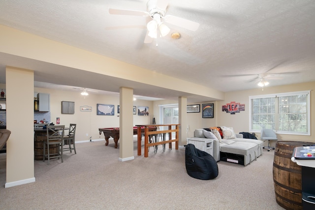 3008 Roundway Down Ln, Lexington, KY 40509 - living area featuring light colored carpet, billiards, ceiling fan, baseboards, and a textured ceiling