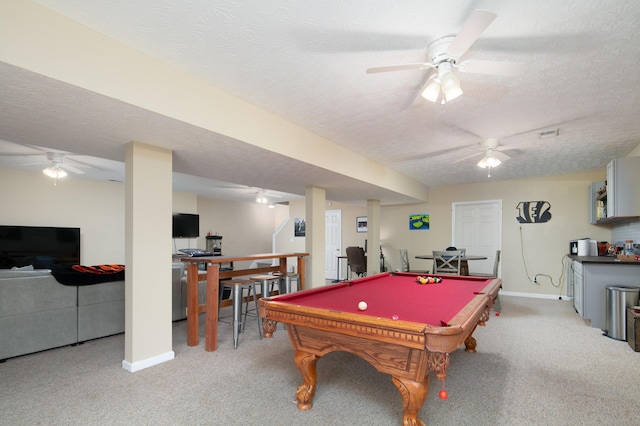 3008 Roundway Down Ln, Lexington, KY 40509 - rec room featuring a textured ceiling, light carpet, baseboards, a ceiling fan, and pool table