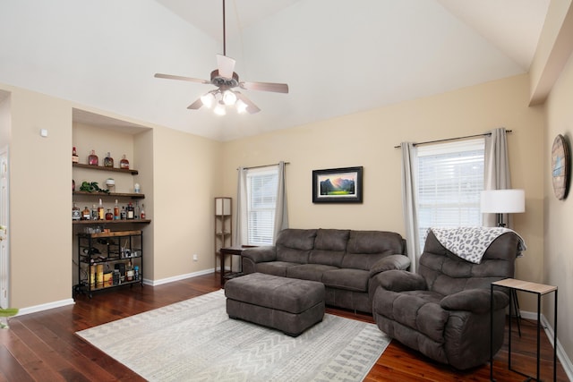 3008 Roundway Down Ln, Lexington, KY 40509 - living room featuring lofted ceiling, ceiling fan, dark wood-style floors, and baseboards