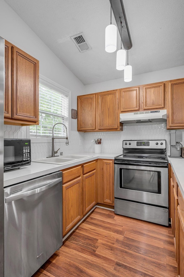 1416 Equine Way, Frankfort, KY 40601 - kitchen featuring appliances with stainless steel finishes, under cabinet range hood, a sink, and decorative backsplash