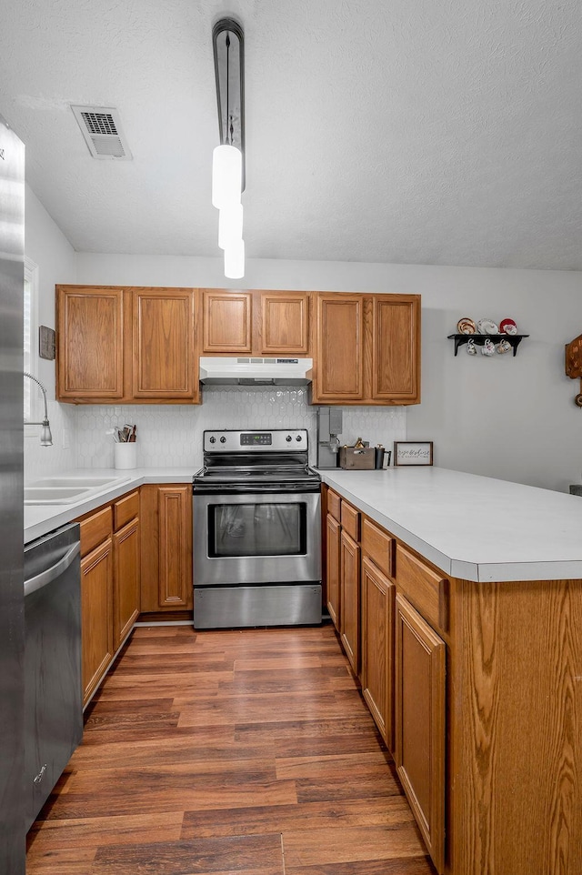 1416 Equine Way, Frankfort, KY 40601 - kitchen with appliances with stainless steel finishes, a peninsula, under cabinet range hood, a sink, and dark wood-style flooring