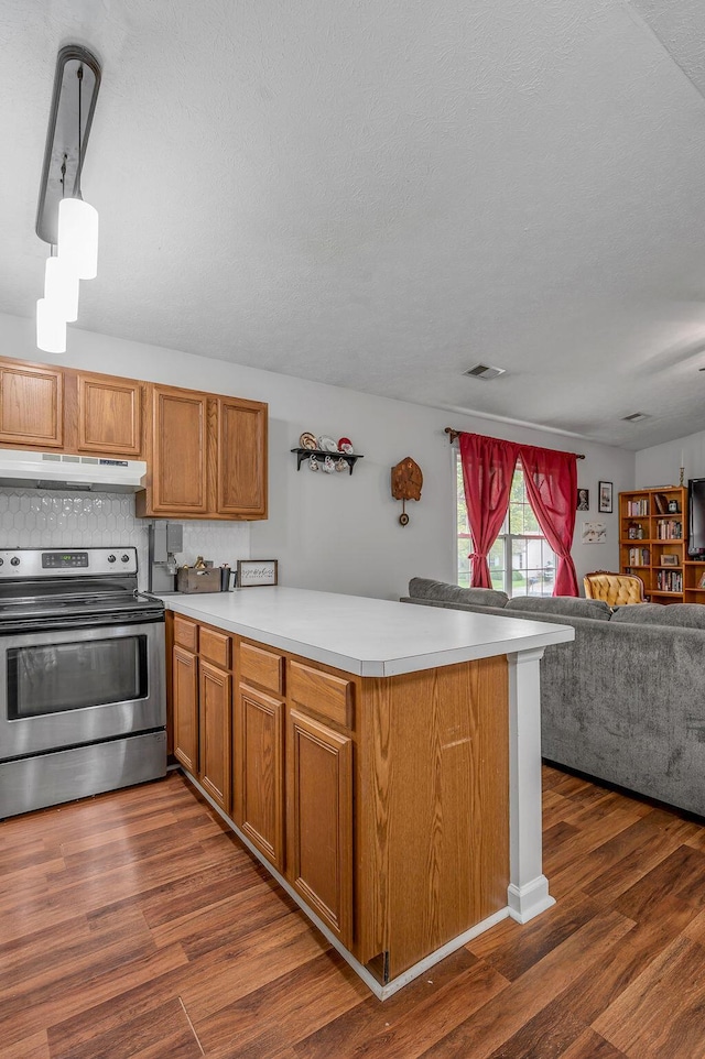 1416 Equine Way, Frankfort, KY 40601 - kitchen featuring stainless steel range with electric cooktop, a peninsula, open floor plan, under cabinet range hood, and light countertops