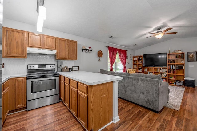 1416 Equine Way, Frankfort, KY 40601 - kitchen with stainless steel electric range, under cabinet range hood, a peninsula, light countertops, and dark wood-style flooring