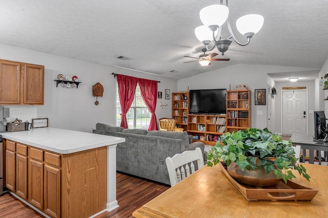 1416 Equine Way, Frankfort, KY 40601 - dining room featuring dark wood-type flooring, a textured ceiling, vaulted ceiling, ceiling fan, and a chandelier