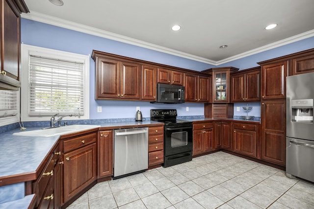 1369 Saddle Club Way, Lexington, KY 40504 - kitchen featuring stainless steel appliances, a sink, light tile patterned flooring, crown molding, and recessed lighting