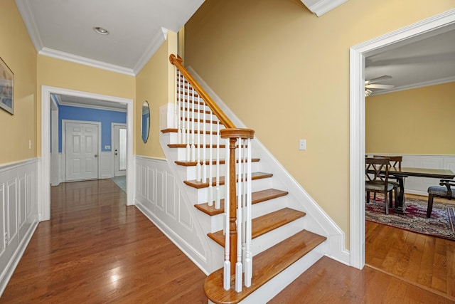 1369 Saddle Club Way, Lexington, KY 40504 - stairway featuring crown molding, hardwood / wood-style floors, a wainscoted wall, and ceiling fan