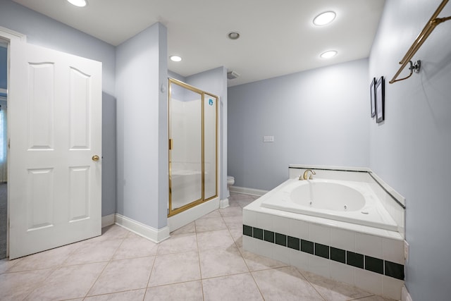 1369 Saddle Club Way, Lexington, KY 40504 - bathroom with a tub with jets, a stall shower, toilet, tile patterned floors, and recessed lighting
