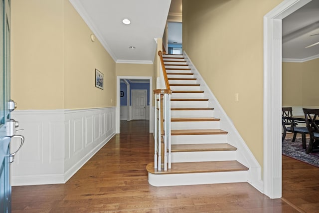 1369 Saddle Club Way, Lexington, KY 40504 - staircase featuring wood finished floors, crown molding, and recessed lighting